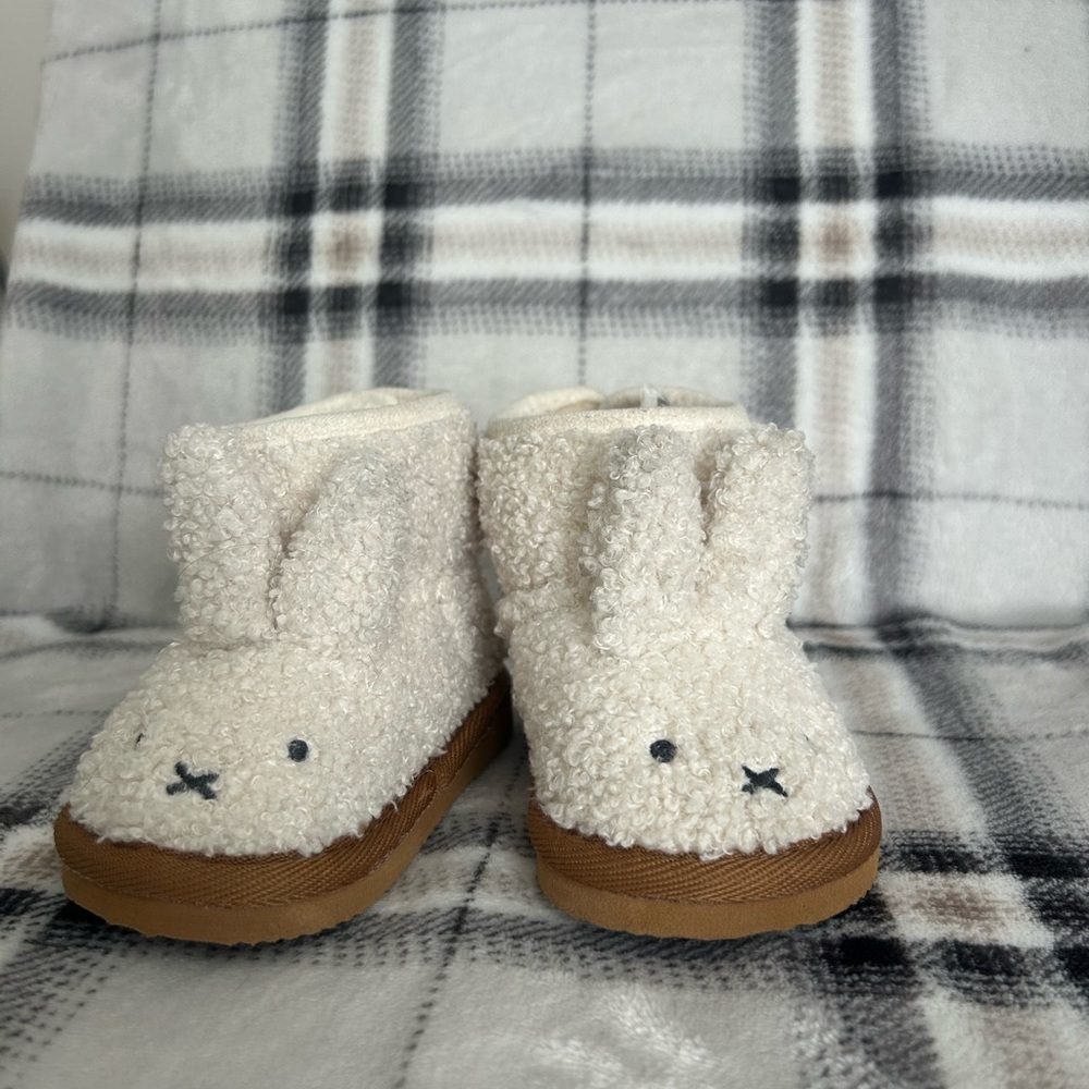 miffy Cream Plush Bunny Baby Booties with Tan Sole
